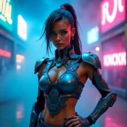 A sleek, futuristic warrior with iridescent blue and silver cybernetic enhancements stands ready in a dynamic, neon-lit arena