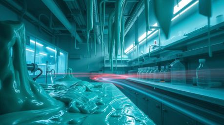 Explore a captivating long exposure photograph of a science lab overrun with vibrant teal-toned slime, capturing mesmerizing 