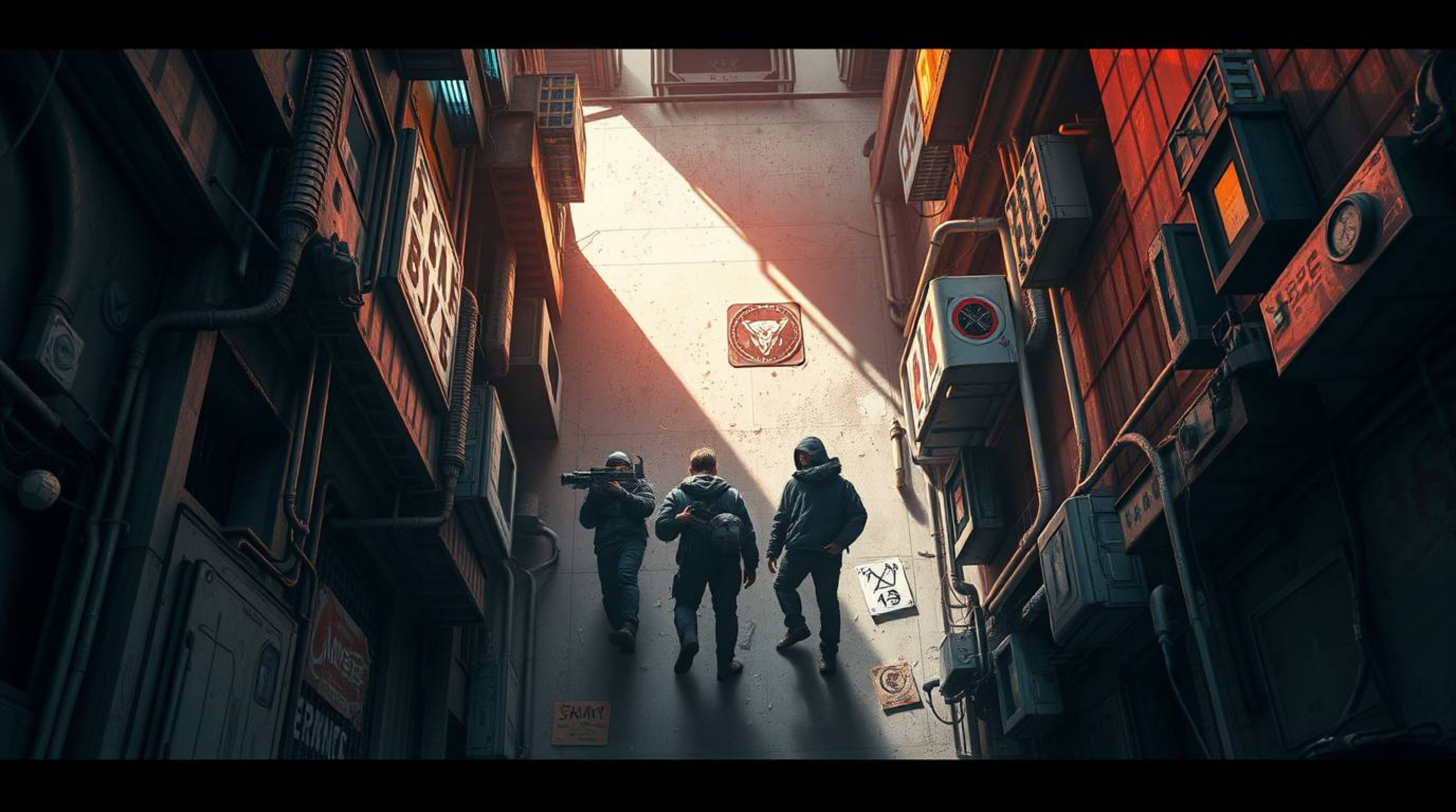Explore a gritty, futuristic cityscape from a bird's-eye view in this captivating image. Witness rebellious teens navigating 