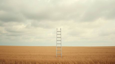 A minimalist scene featuring a silver ladder standing in an open field under a wide, cloudy sky, serving as an abstract metap