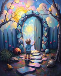 Discover a captivating surreal painting depicting a child's wondrous encounter with a magical portal hidden in their backyard