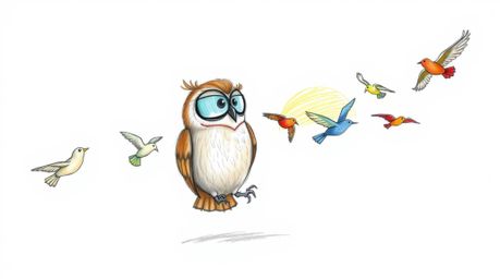 A heartwarming hand-drawn sketch in the style of Pixar depicts a gentle, blind owl with soft, textured pencil strokes.  This 