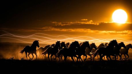 Experience the breathtaking beauty of a herd of wild horses galloping under a vibrant, glowing sky. This creative light art p