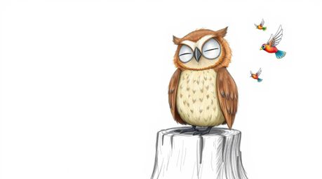 A heartwarming hand-drawn sketch in Pixar style depicts a kind, blind owl with soft brown feathers perched on a tree stump.  