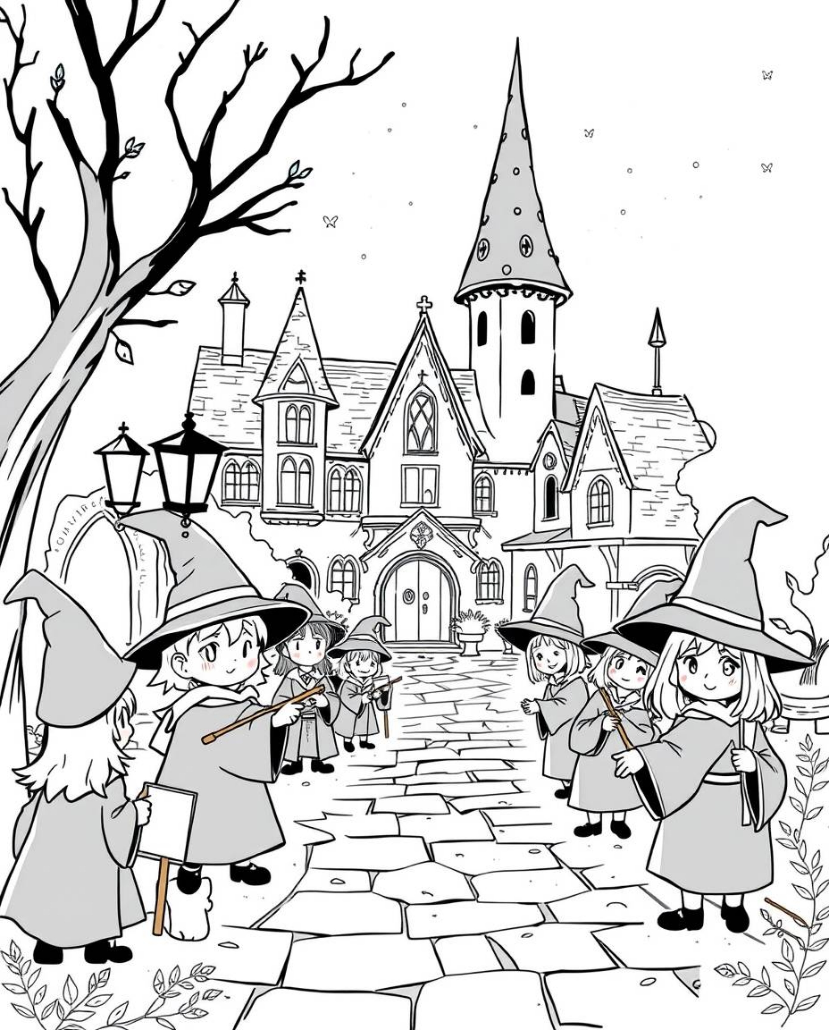 Discover a timeless and elegant black and white illustration of an adorable magical school brimming with young wizards. This
