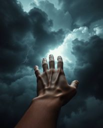 A captivating image depicting a hand reaching towards a light source amidst a dramatically stormy sky.  This evocative photo 