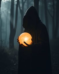 A mysterious cloaked figure stands within a misty forest, holding a radiant, glowing orb. The scene is bathed in strong, hard