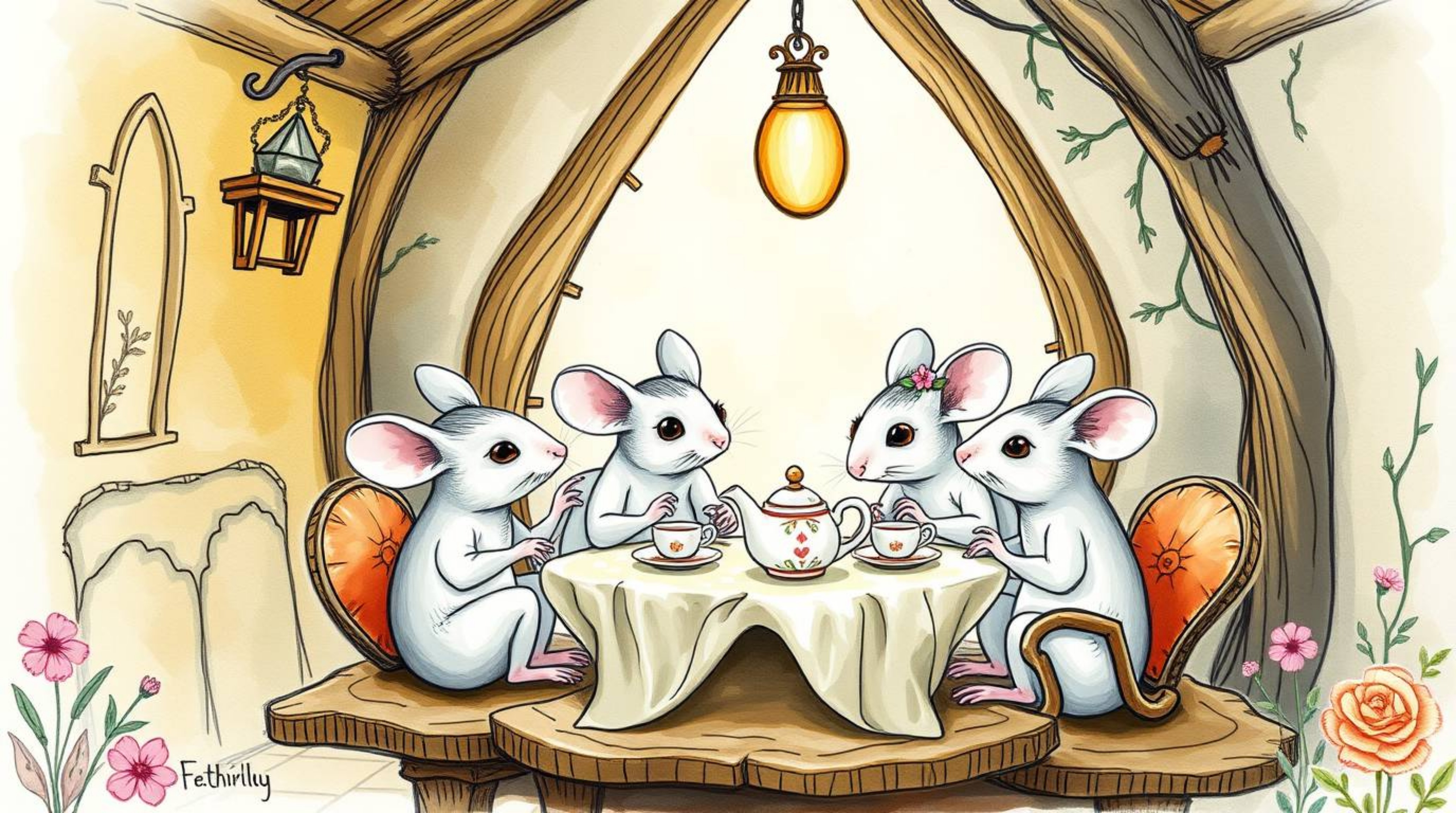 A hand-drawn color sketchnote showcasing anthropomorphic mice enjoying tea in a mystic and enchanting cottage. The artwork bo