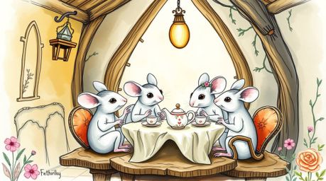A hand-drawn color sketchnote showcasing anthropomorphic mice enjoying tea in a mystic and enchanting cottage. The artwork bo