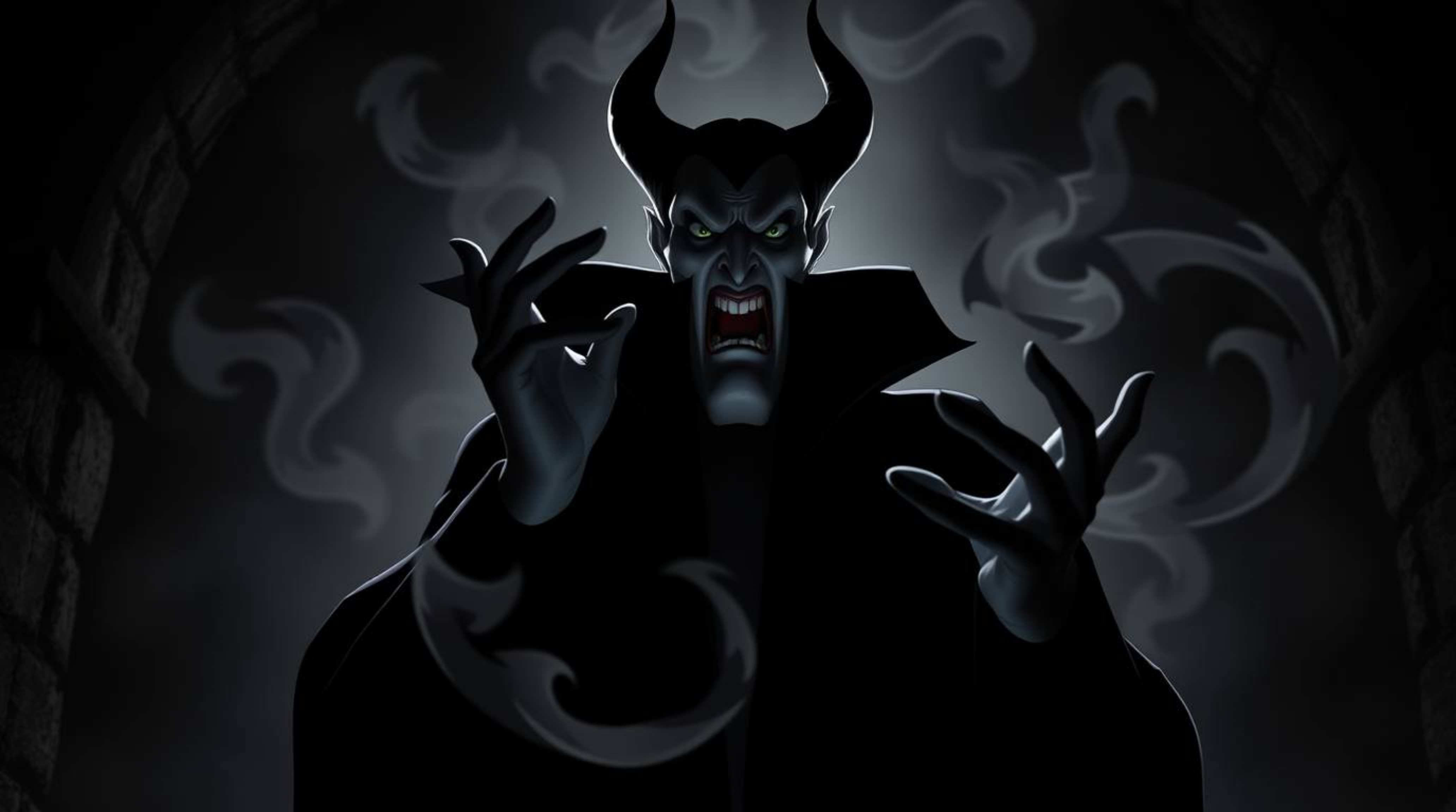 A classic Disney villain, with stark features, casts a spell within the ominous walls of an ancient castle. The scene is dram