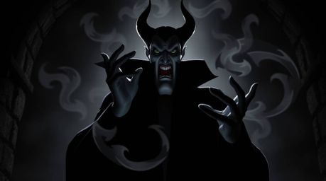 A classic Disney villain, with stark features, casts a spell within the ominous walls of an ancient castle. The scene is dram