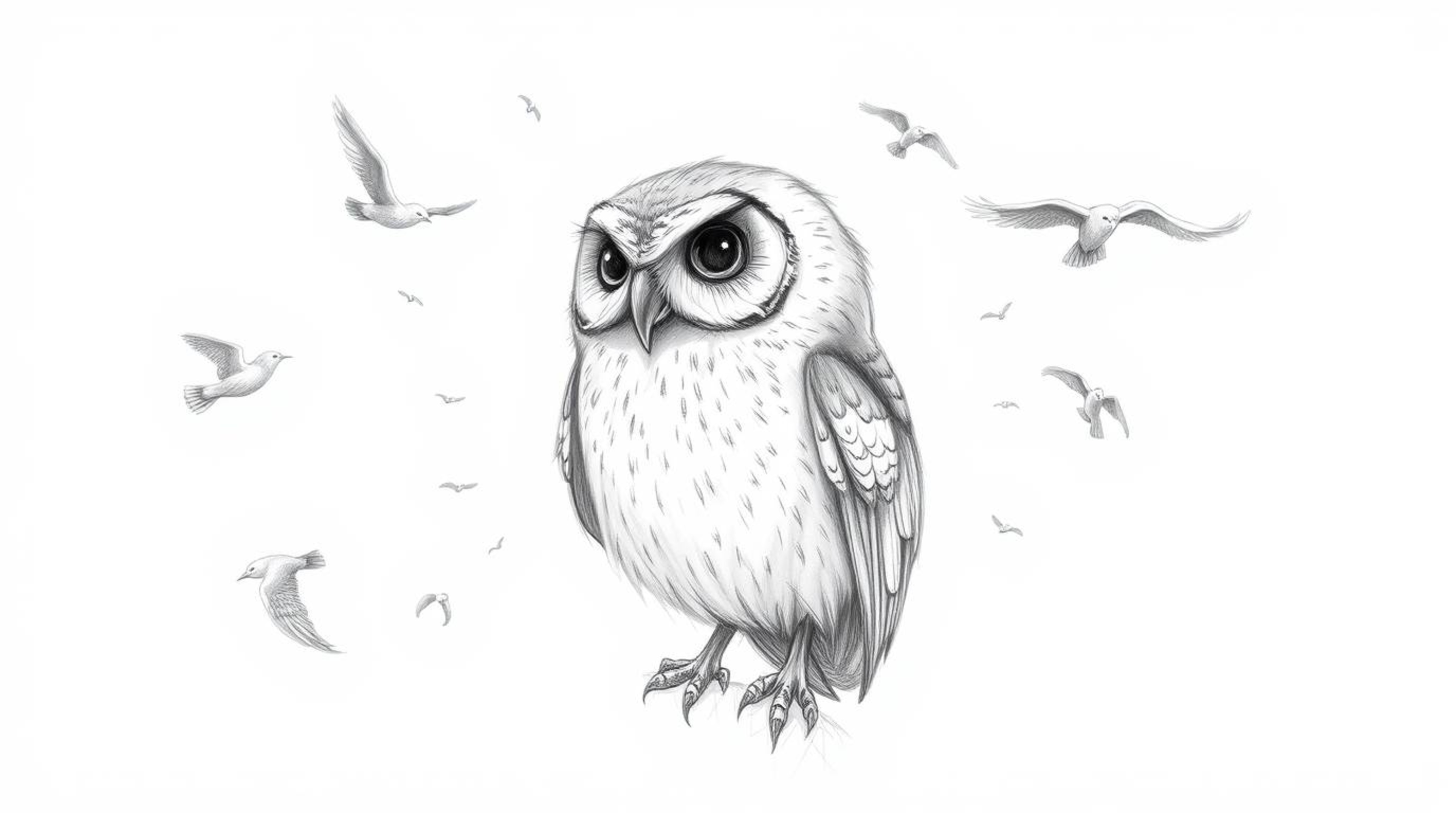 A captivating Pixar-style illustration featuring a blind owl amidst a textured pencil sketch aesthetic. The owl, subtly detai