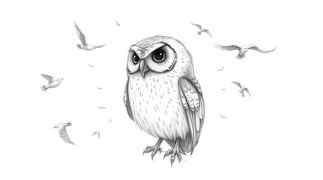 A captivating Pixar-style illustration featuring a blind owl amidst a textured pencil sketch aesthetic. The owl, subtly detai