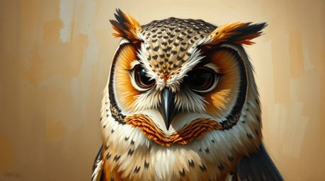 This art piece captures a classic oil painting aesthetic with a Pixar-esque depiction of a blind owl. The owl, rendered with 