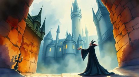 A captivating watercolor painting depicts a classic Disney villain casting a spell within the walls of an ancient castle.  Th
