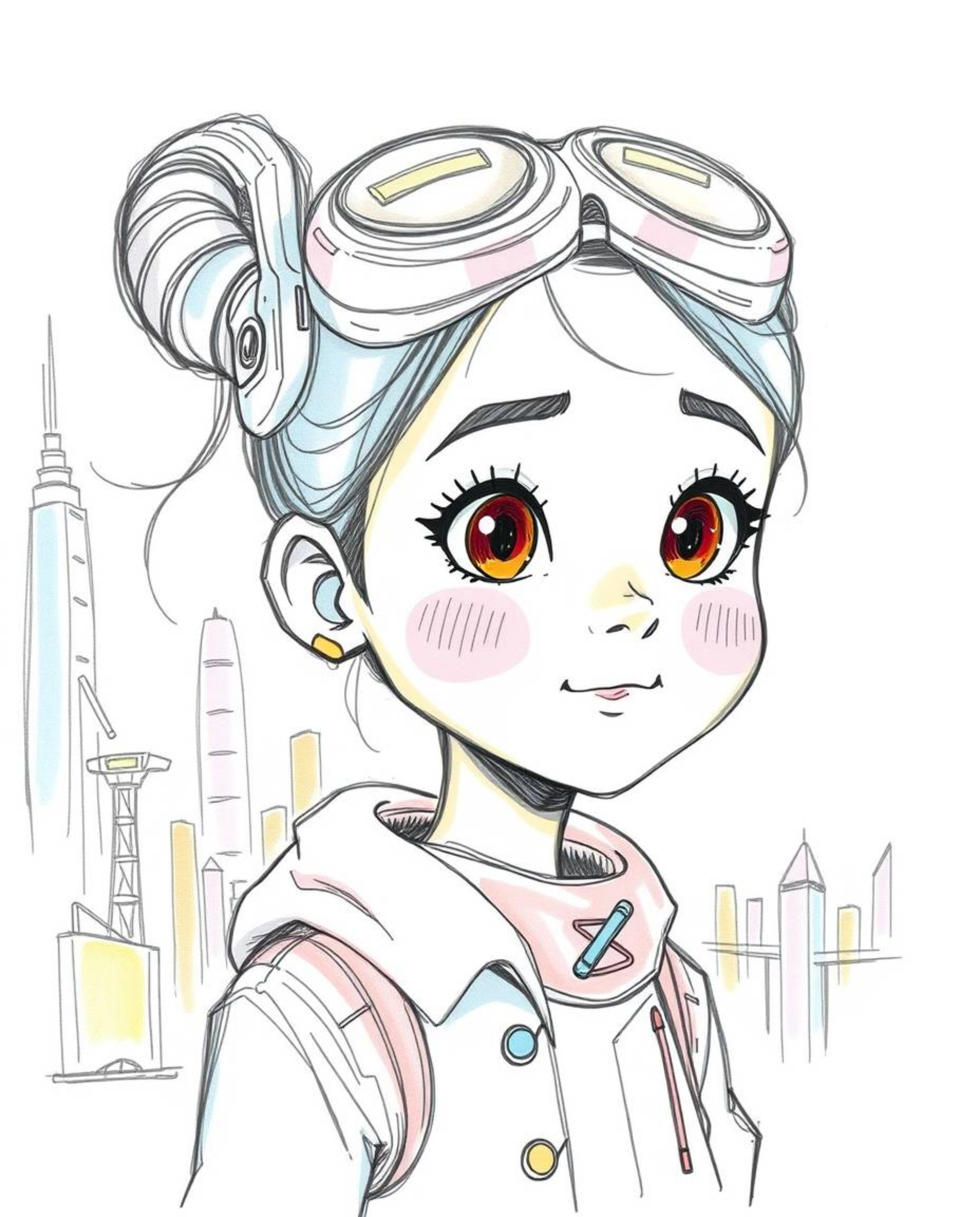 This captivating artwork depicts a young inventor girl with rosy cheeks and bright eyes in a futuristic city setting.  Render
