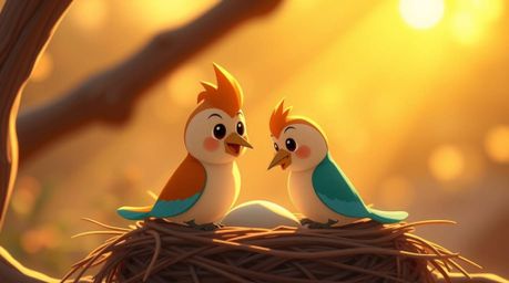 Two cartoon birds, one terracotta and the other teal, are bathed in the warm golden hour light as they diligently build a nes