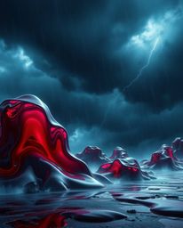 Experience a dramatic, hyperrealistic sci-fi scene rendered in stunning 3D.  Intense stormy skies in rich burgundy and deep b