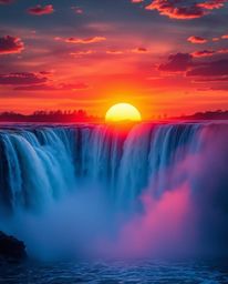 A sun setting behind a dramatic waterfall, depicted in electric vivid colors, creating a high-energy and dynamic scene that i