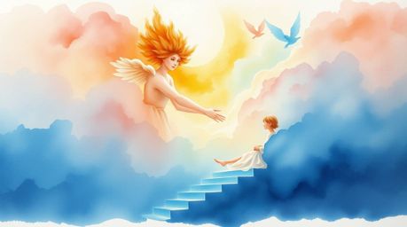 This delicate watercolor painting depicts steps of light ascending into a cloudy sky, observed by angelic figures with soft f