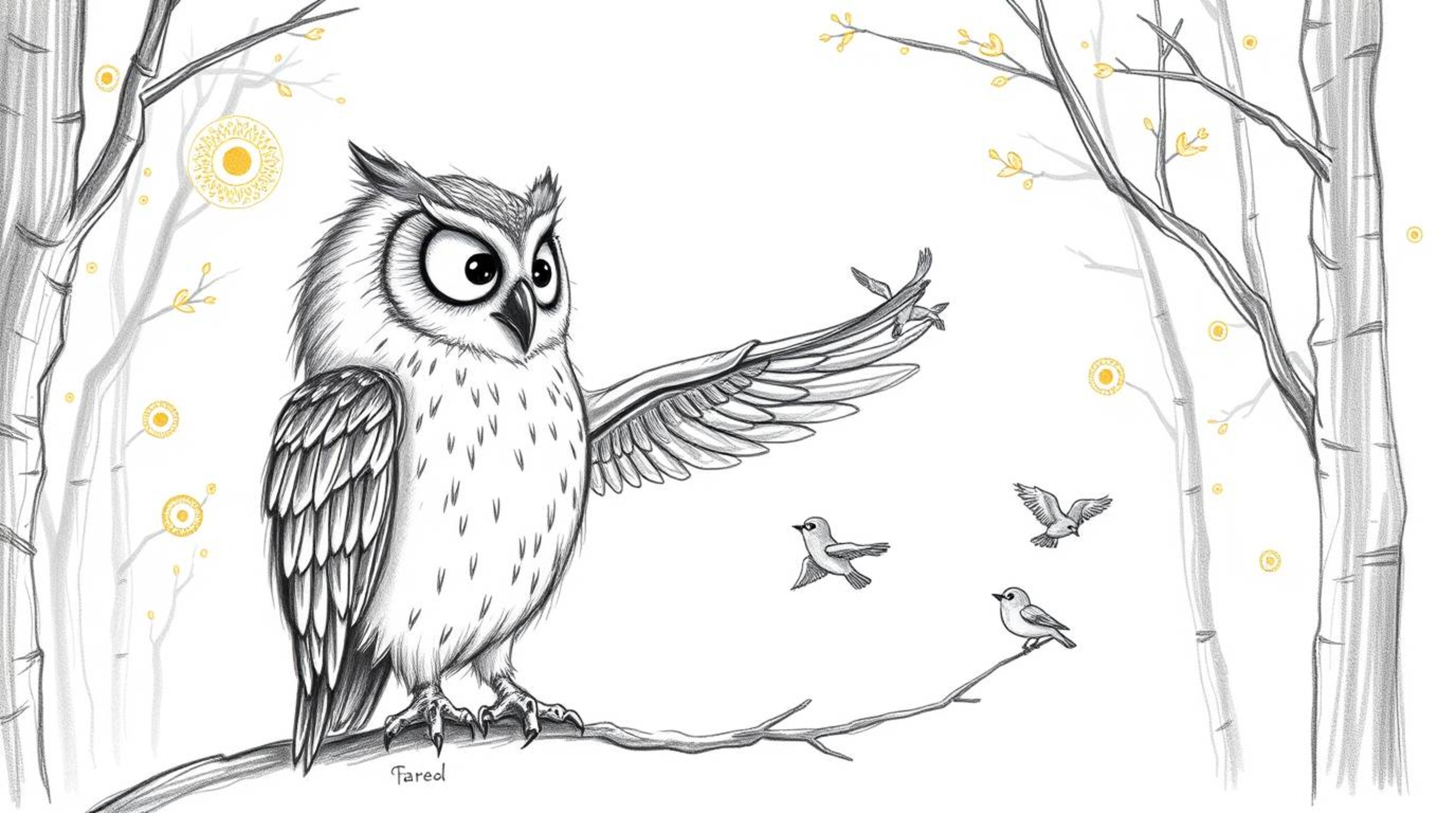 A heartwarming hand-drawn pencil sketch depicting a blind owl with a gentle expression, teaching small birds to fly within a 