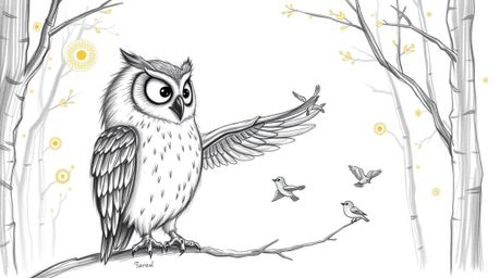 A heartwarming hand-drawn pencil sketch depicting a blind owl with a gentle expression, teaching small birds to fly within a 