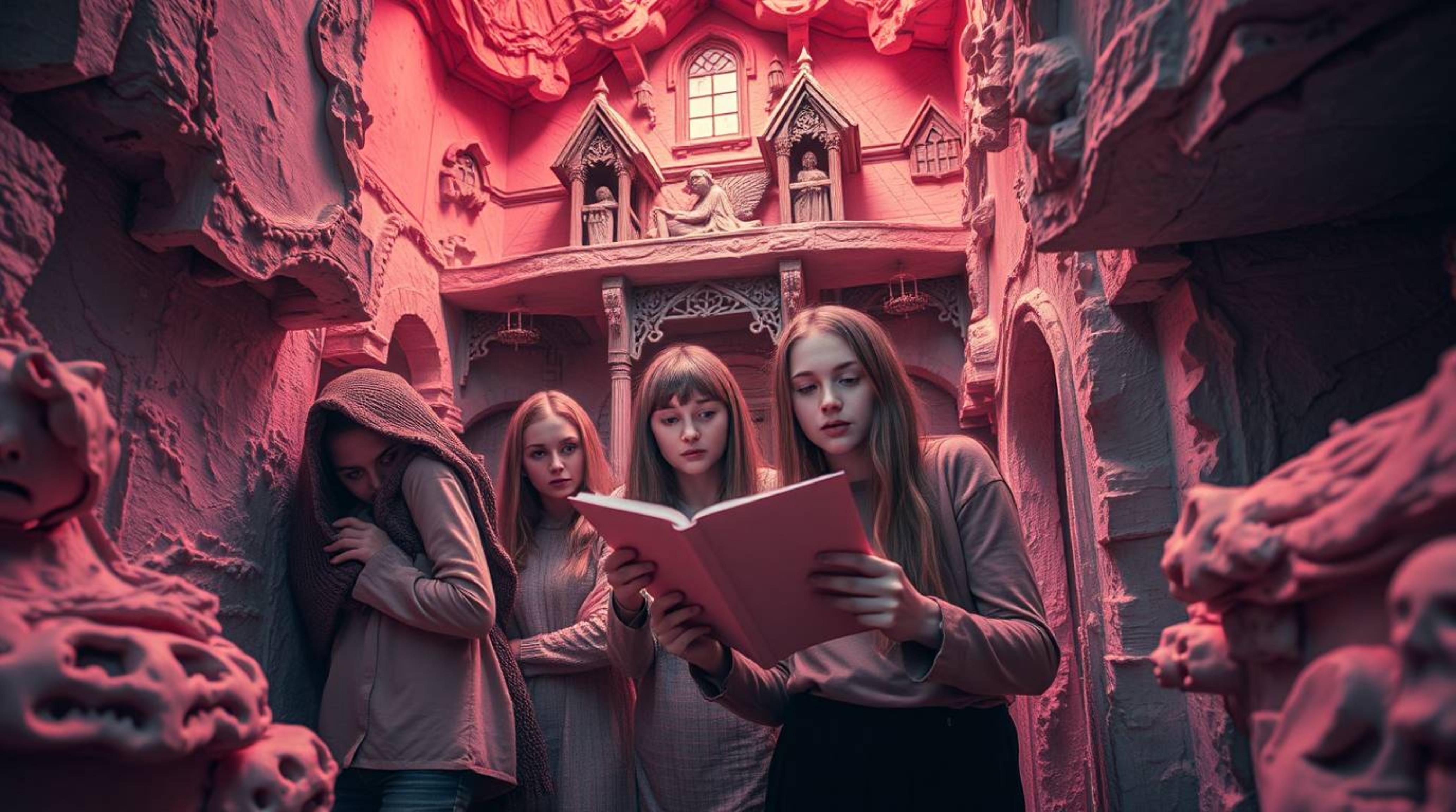 A surreal infrared image depicts a group of teenagers unraveling a mystery within a haunted mansion crafted from intricately 