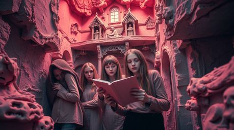 A surreal infrared image depicts a group of teenagers unraveling a mystery within a haunted mansion crafted from intricately 