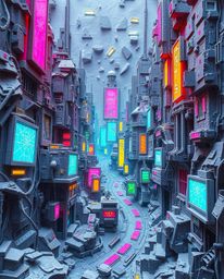 Discover stunning papier-mâché artwork depicting a futuristic city in glitch mode.  Experience vibrant electric colors, flick