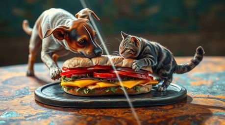 A playful scene unfolds as a dog and a cat fiercely contend for a massive sandwich, their battleground a cast bronze surface 