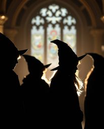 Discover stunning silhouette photography of young wizards at a magical school. The image features a blurred bokeh background