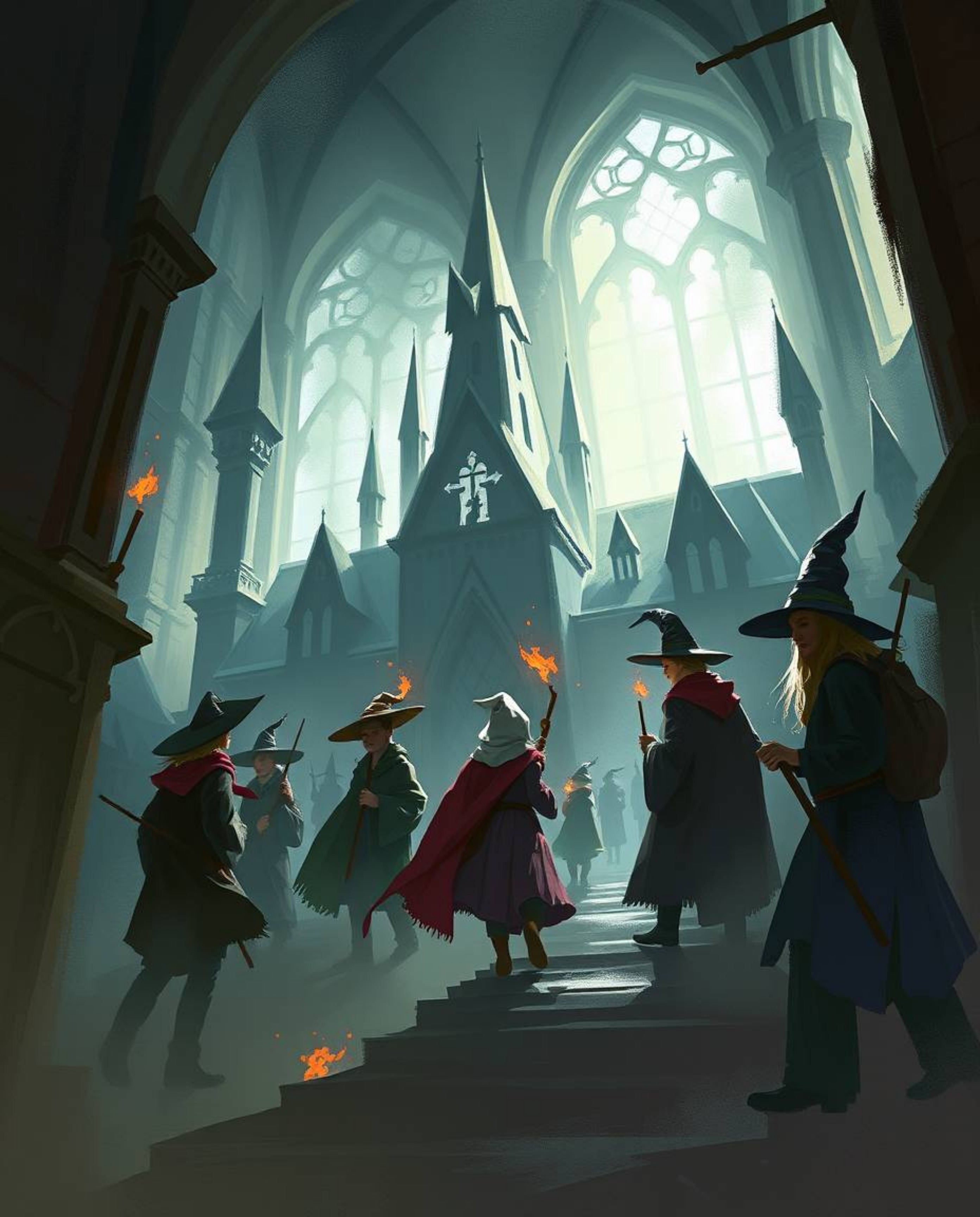 A captivating low-angle digital sketch depicts a magical school teeming with young wizards. The artwork emphasizes a misty at