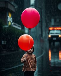 A captivating image of a child holding a balloon in a wet, rainy scene evokes a strong, moody atmosphere. The low contrast an