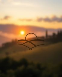 Geometric logo: Blurred bokeh effect depicting a sunset over misty Tuscan hills. Clean lines, balanced symmetry, sharp focus 