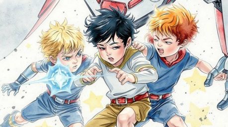 A delicate watercolor painting showcases a close-up view of three superpowered children engaged in a battle against a robot. 