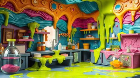 This artwork presents a slime-covered science lab uniquely crafted from layered papier-mâché, bursting with bright, vibrant c