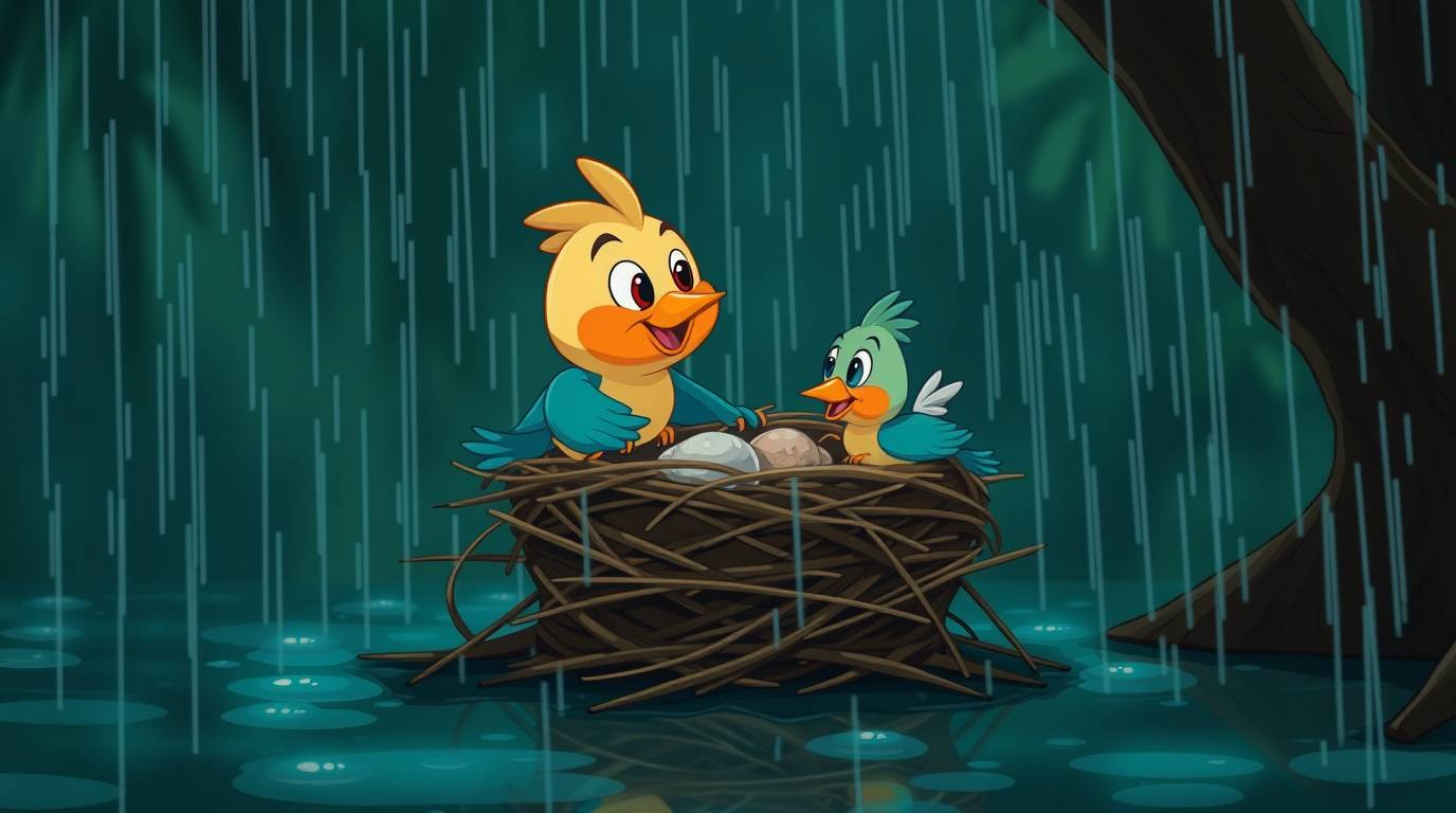 Two cartoon birds are diligently building a nest in a charming, classic animation style. The scene is rendered in rich, deep 