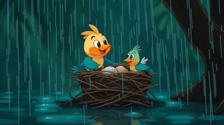 Two cartoon birds are diligently building a nest in a charming, classic animation style. The scene is rendered in rich, deep
