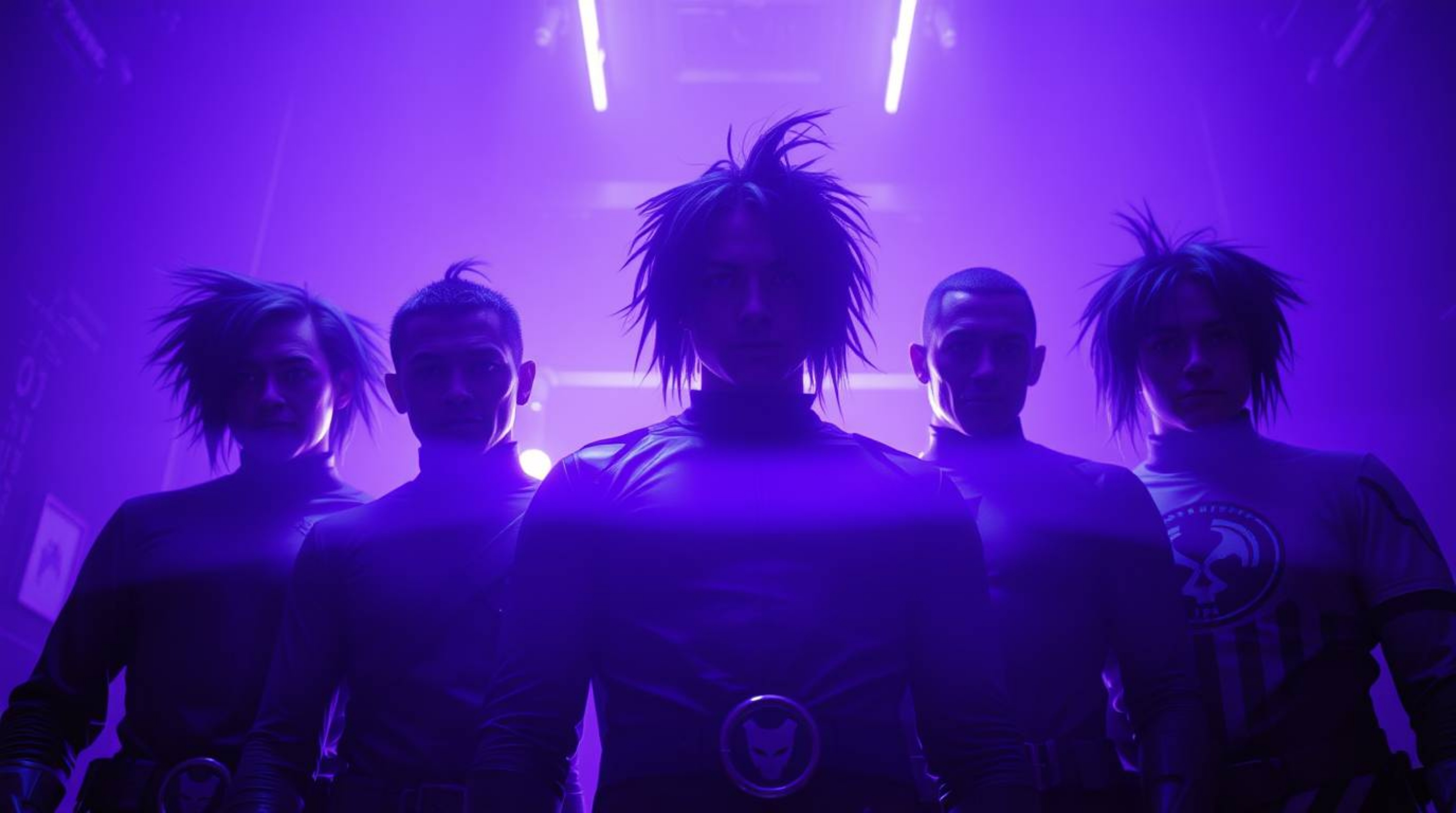 Discover a captivating cinematic scene featuring a team of misfit heroes bathed in deep ultraviolet hues. This high-contrast,
