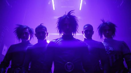 Discover a captivating cinematic scene featuring a team of misfit heroes bathed in deep ultraviolet hues. This high-contrast,