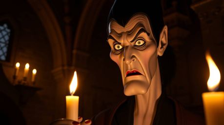 A captivating portrait of a classic Disney villain, bathed in the warm glow of flickering candlelight within an ancient castl