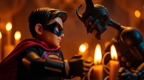 Experience a tight close-up shot capturing a superhero with a cape locked in battle with a silly villain.  The scene is drama