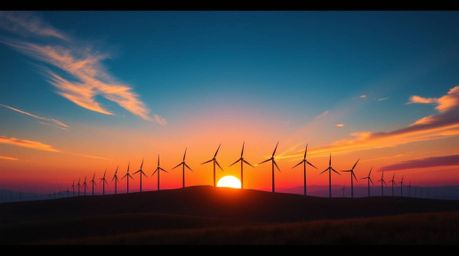 An epic and large-scale scene showcasing a vibrant sunset illuminating a row of wind turbines perched atop a hill. The image 