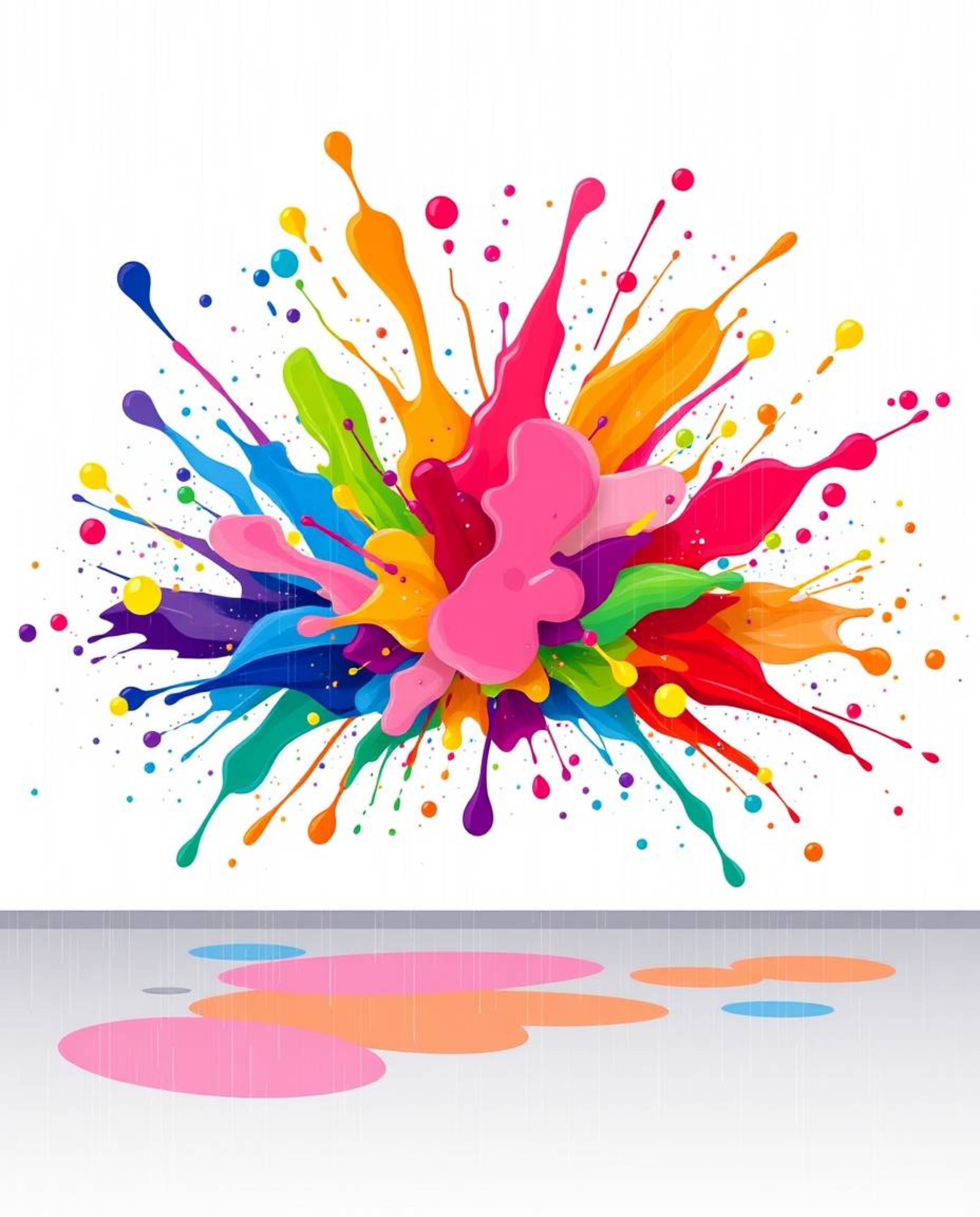 This modern flat design illustration captures a vibrant explosion of colorful paint splashes on a pristine white canvas.  Dep