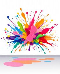 This modern flat design illustration captures a vibrant explosion of colorful paint splashes on a pristine white canvas.  Dep