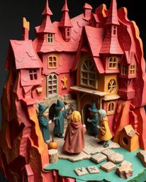A captivating papier-mâché sculpture showcases a magical school brimming with young wizards.  Crafted with meticulously sculp