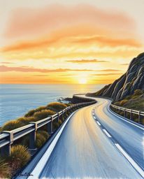 This pastel drawing presents a tight close-up shot of a winding coastal highway at sunset. The composition emphasizes the fin