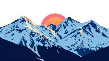 This geometric logo design features snow-covered mountains glowing under a pastel sunset.  The design is divided into balance