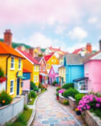 This stunning watercolor painting depicts a sleepy town adorned with charming pastel-colored houses. The sharp focus on the s