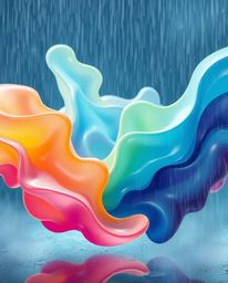 Explore an abstract composition featuring colorful 3D fluid shapes harmoniously interacting with geometric forms. This artwor